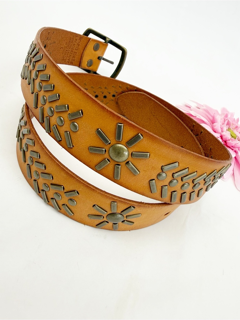 Linea Pelle Studded Leather Belt Tan Cognac Solid Brass Embellishments Boho - Picture 4 of 8